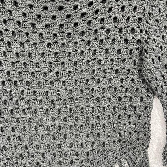 Crochet Sweater Womens Small Black Fringe Boho Open Knit Long Sleeve Ramie Blend - Picture 7 of 15